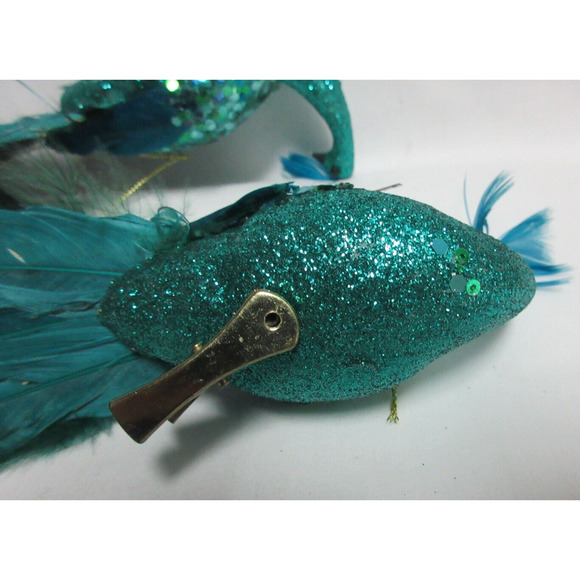 Teal Blue Glitter Sequins Peacock REAL Feather Tail Ornament Decor Holiday - Picture 5 of 6